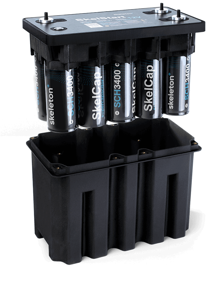 Internal components of the Skelstart Engine Start Module showing the ten supercapacitors hovering above the black case