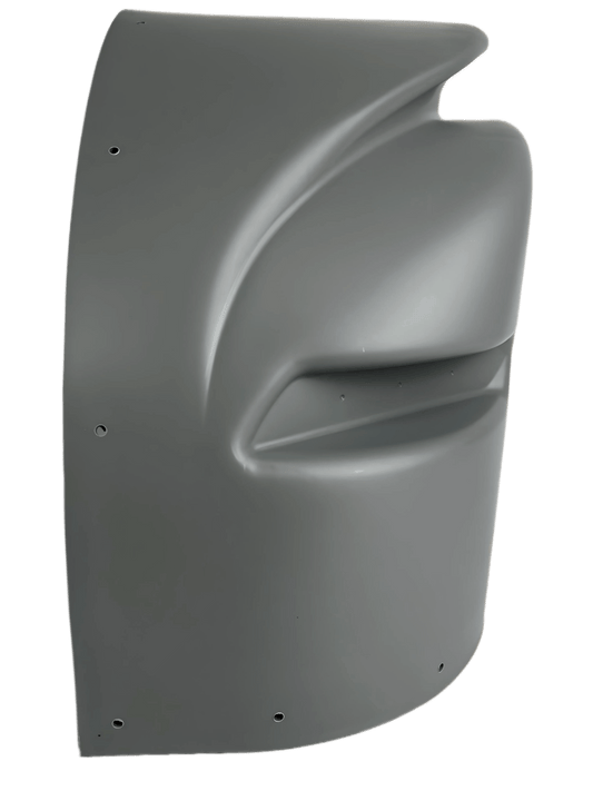 Gray supreme box truck corner cap for LH Roadside on a white background