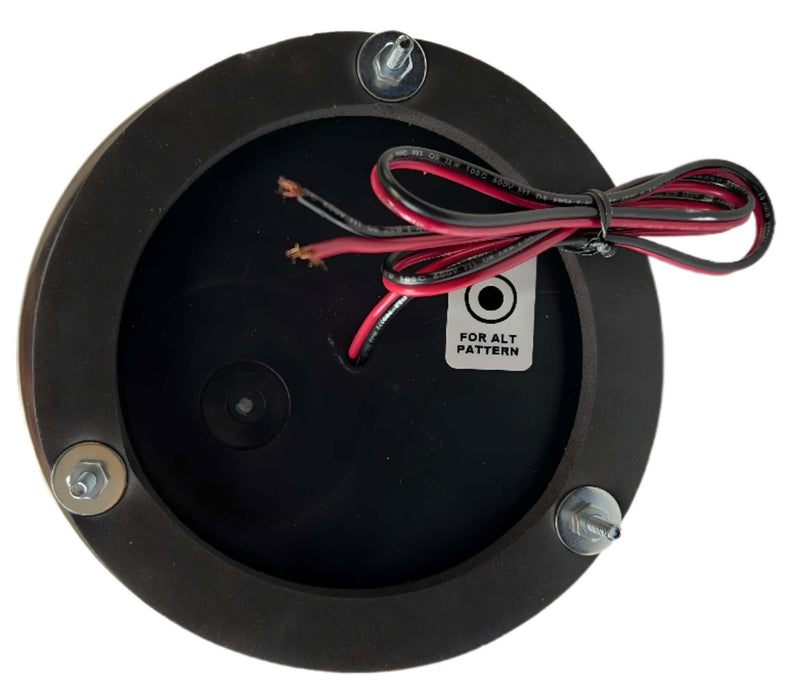 The bottom view of a strobe light for trucks showing 3 mounting bolts in a circular housing with 2 wire sticking out