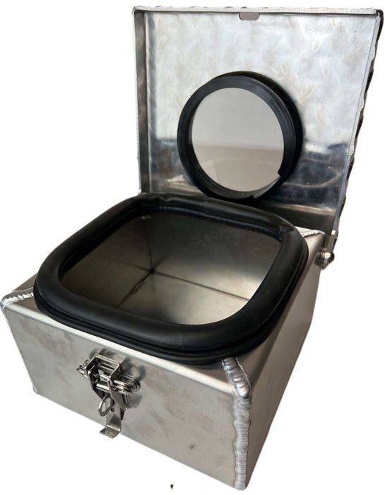 A stainless steel air control box for trailers with the lid in the open position revealing the air tight seal