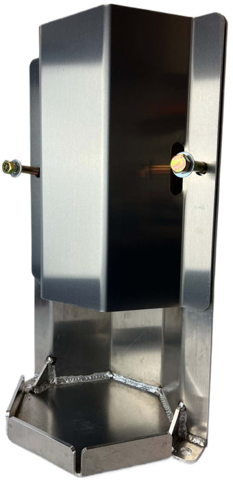 Cylindrical stainless steel acetylene tank holder with 2 bolts to hold the cover on