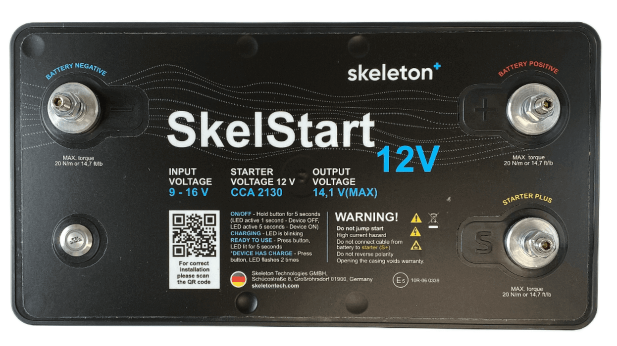 Top view of Skelstart 12V ESM with three twist posts with battery negative, positive, and starter plus