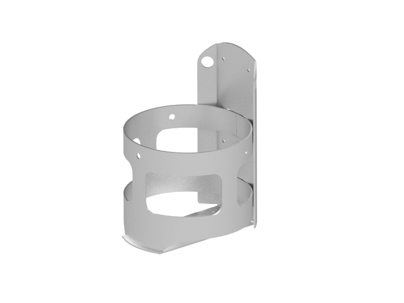 A aluminum propane tank holder with a mounting plate commonly used on vehicles for safe travel