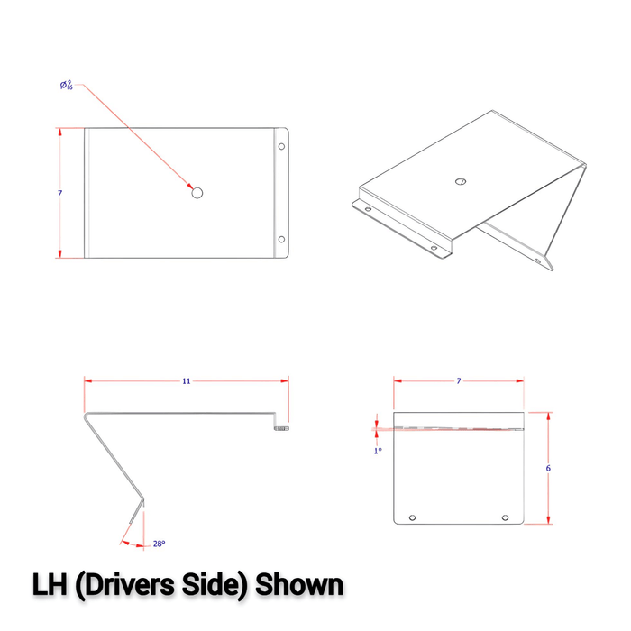 A diagram showing the 4 sides of a Drivers Side Mack Day Cab beacon light bracket MK24-07L
