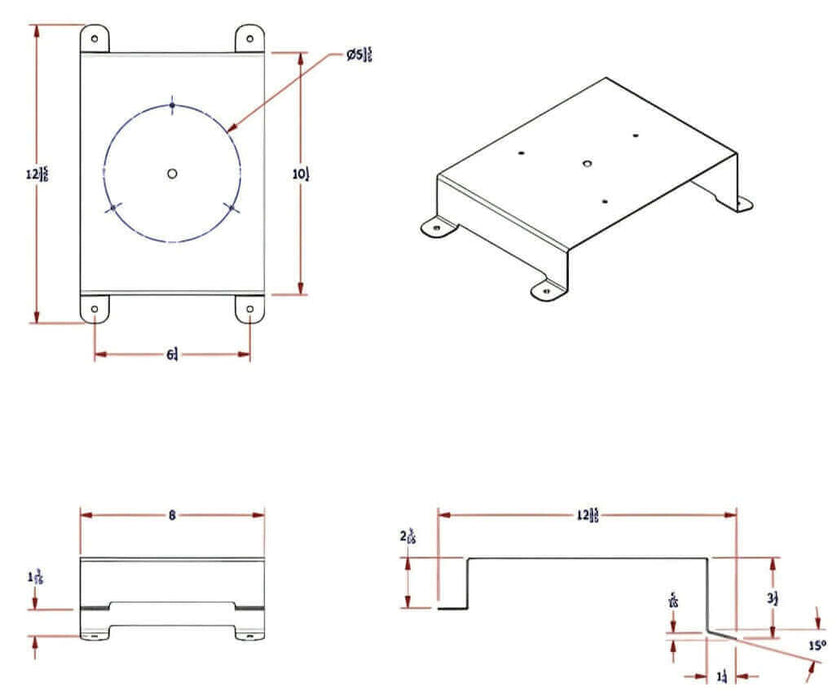 Diagram showing the 4 sides and dimensions of IN7040 beacon light bracket for international trucks