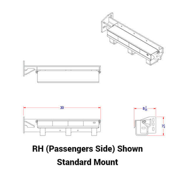 A Diagram of TCH3-RF-R Right Hand side mud flap tire chain hanger combo bracket with 4 sides shown with text "RH (Passengers Side) Shown Standard Mount)" on the bottom