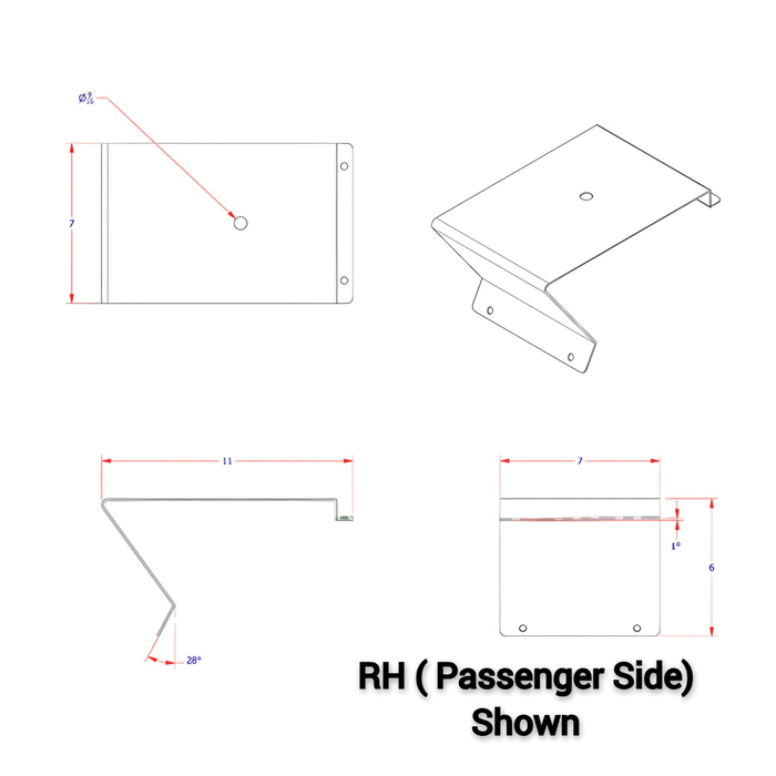 A diagram showing the 4 sides of a passenger Side Mack Day Cab beacon light bracket MK24-07R