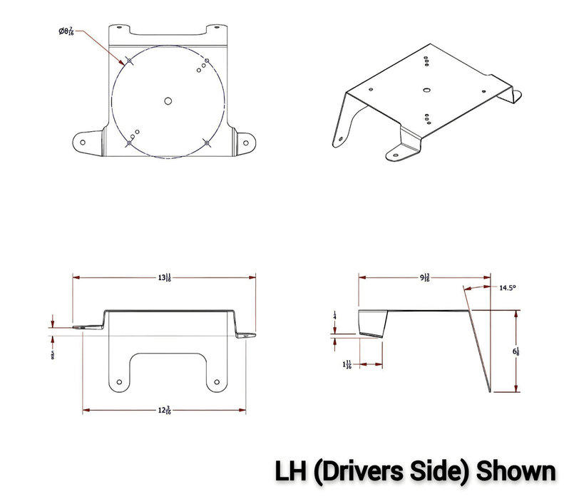 a flat diagram showing the mounting dimensions of a drivers side kenworth beacon light bracket KW880L