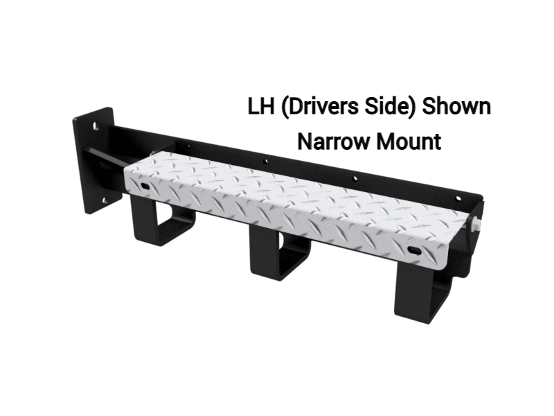 A Black Mud Flap Hanger with 3 tire chain holders with a diamond plate openable cover for holding tire chains for the drivers side with text "LH (Drivers Side) Shown Narrow Mount) on the top