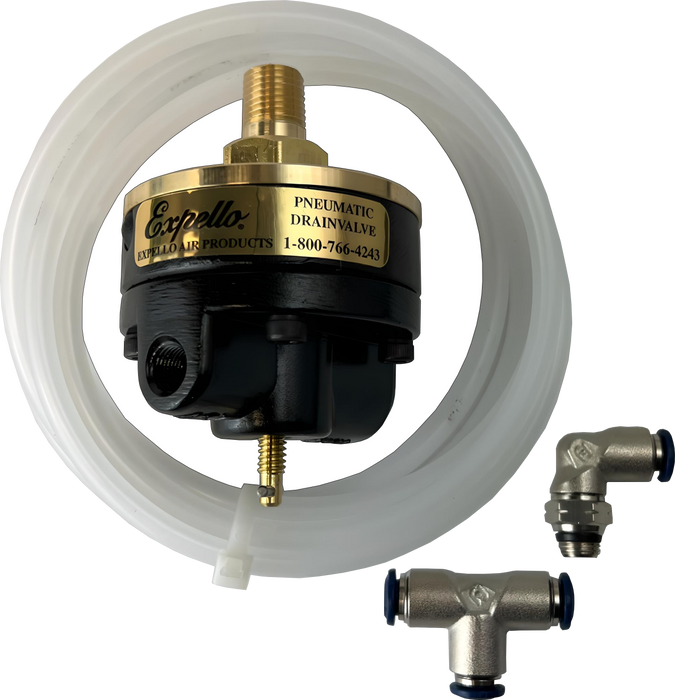 An expello automatic air compressor drain valve kit showing the expello valve, tubing, a tee fitting and a L fitting