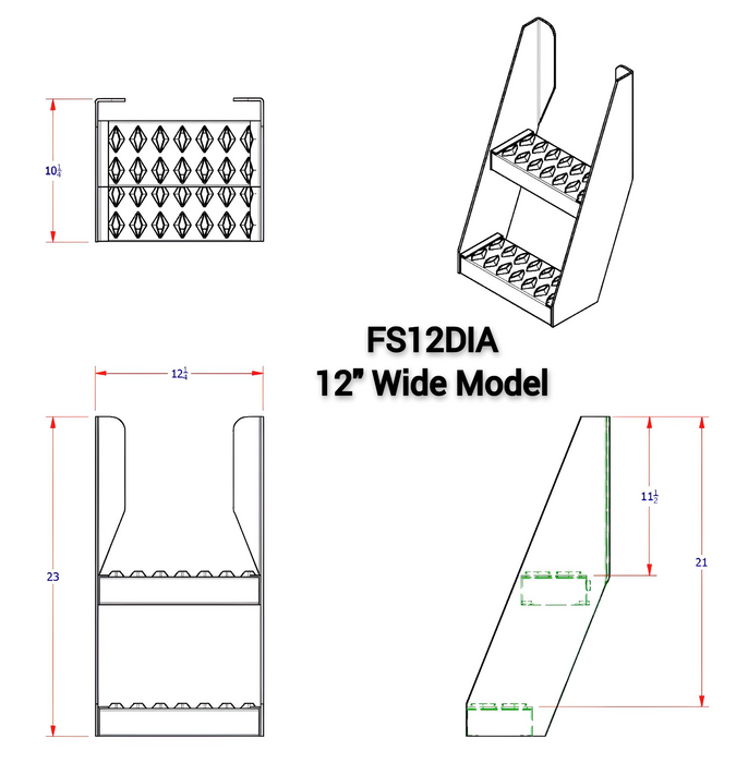 A diagram of FS12DIA semi truck frame step 12" wide showing dimensions
