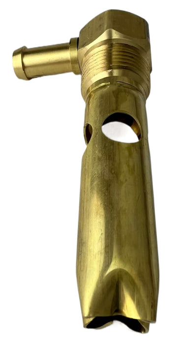 A low view of a yellow brass fuel tank vent with 3/4" -14NPTF threads with a single hose barb