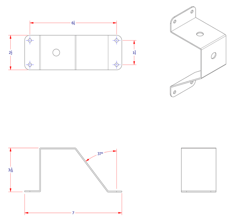 A diagram showing 4 different sides of G411 - A work light mounting bracket