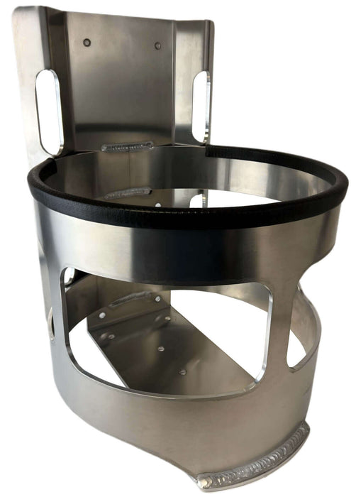 A circular metal bracket with a rectangular plate designed for holding 20Lb propane tanks