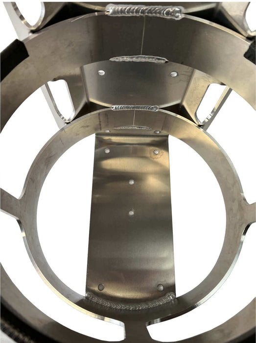 A top down view of a propane tank holder for 30Lb tanks with 6 bolt mounting holes shown on the bottom bracket