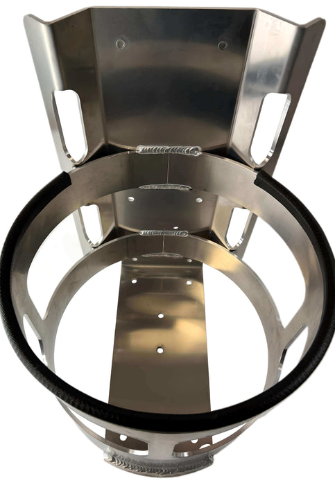 A top down view of propane tank holder showing the 6 bolt holes on the bottom for mounting onto a variety of surfaces