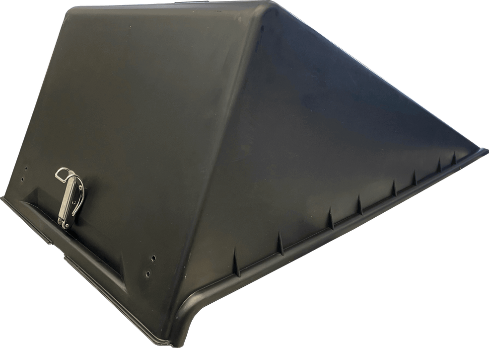 A black freightliner M2 battery box cover with a metallic silver latch for securement