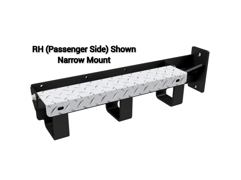 A Black Mud Flap Hanger with 3 tire chain holders with a diamond plate openable cover for holding tire chains for the Passengers side with text "RH (Passengers Side) Shown Narrow Mount) on the to