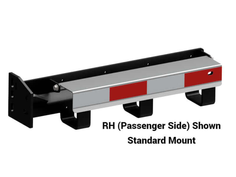 A passengers side black painted steek tire chain hanger mud flap holder combo bracket with the text "RH (Passengers Side) Shown Standard Mount " at the bottom