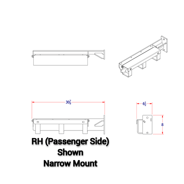 A diagram for a mud flap hanger tire chain hanger combo TCH3-NB-R showing the 4 sides dimensions with text "RH (Passenger Side) Shown Narrow Mount" on the bottom
