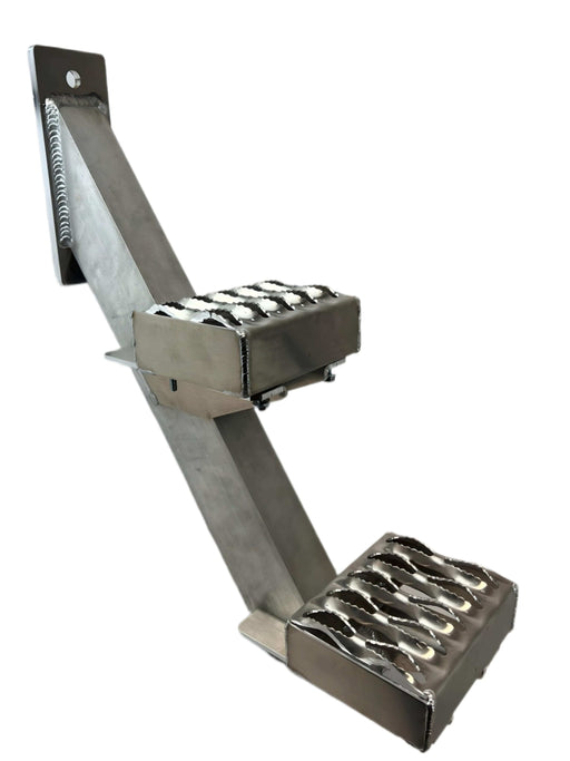 Box truck pedestal step with 2 steps on an angled beam with a flat mounting braket with one hole at the top