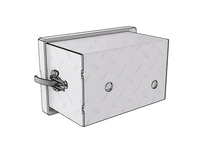 The rear view of a metal air control box with 2 holes for fittings at the rear