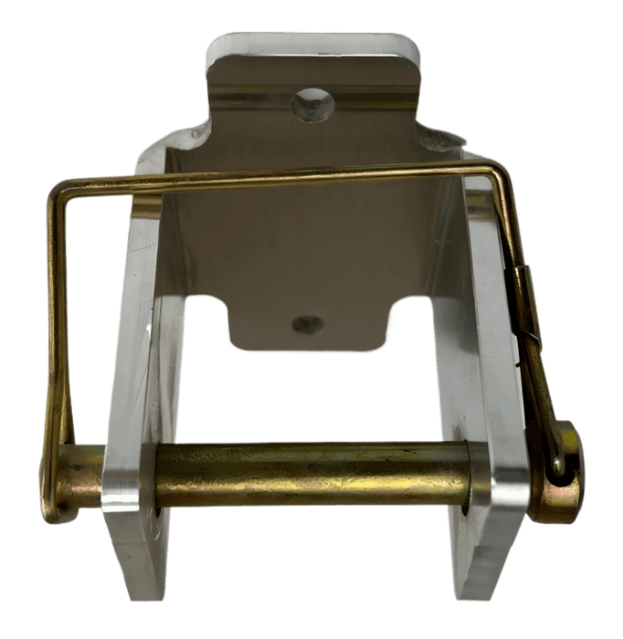 Top down view of a shovel holder for dump truck made of stainless steel with a locking pin