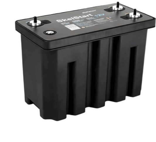 A black box with three twist style posts for battery connections with Skelstart Engine Start Module 12V on the top.