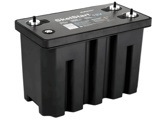 A black box with three twist style posts for battery connections with Skelstart Engine Start Module 12V on the top.