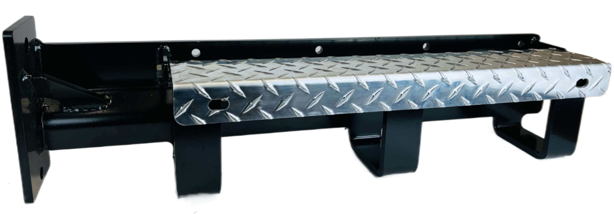 A Black Mud Flap Hanger with 3 tire chain holders with a diamond plate openable cover for holding tire chains for the Passengers side