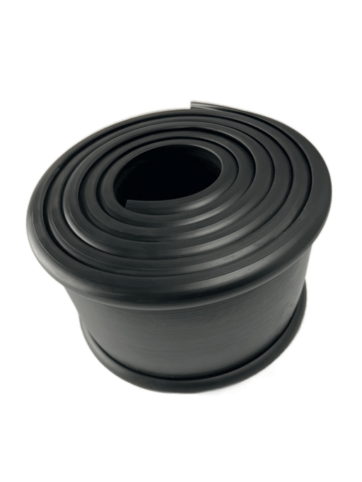 A tighly bound roll of 4" wide black fuel tank strap isolator that is 6Ft long