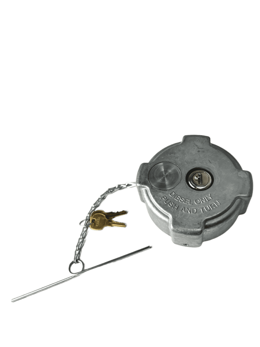 Freightliner Fuel Cap with Lock attatched to a chain, retaining rod, and two keys