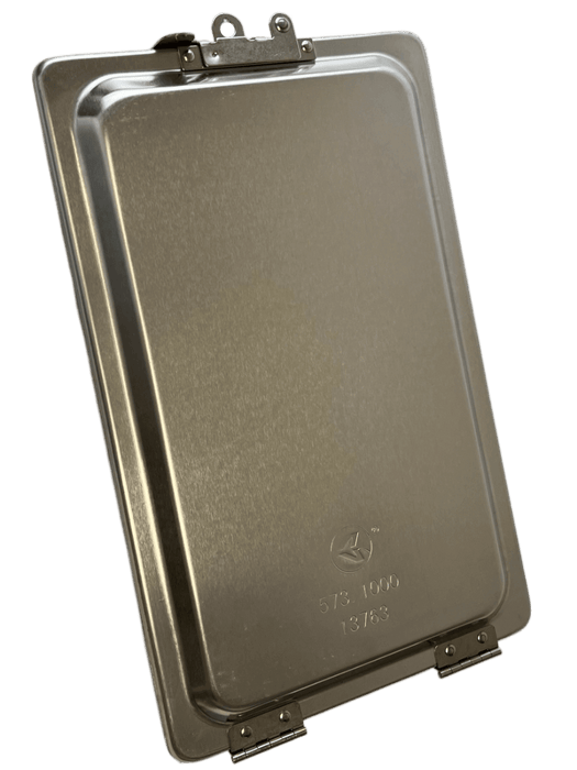 Aluminum document holder back view on white background