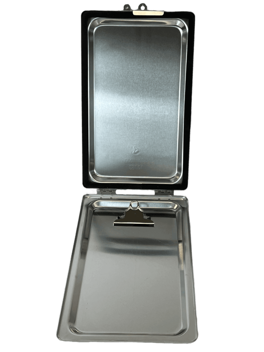 Aluminum document holder open view on white background