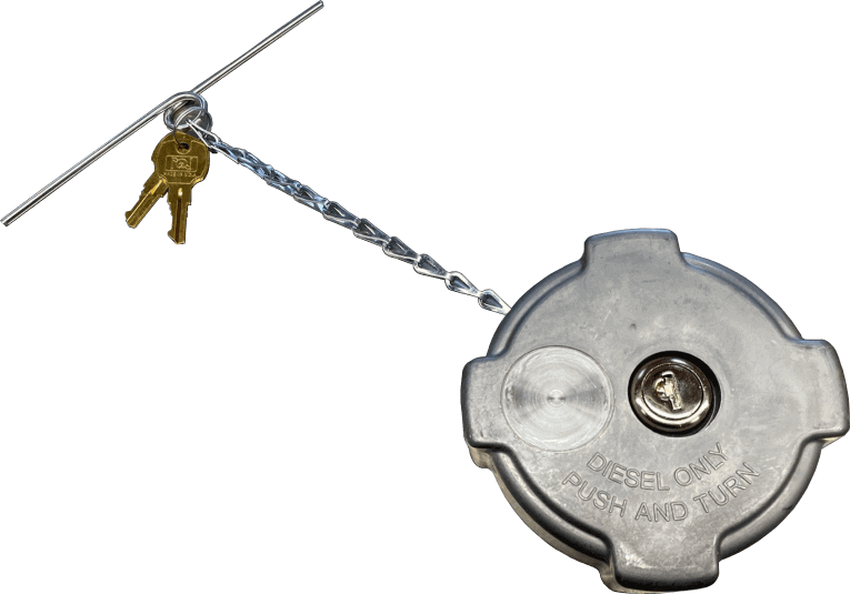 Round Freightliner Locking Fuel Cap with Chain holding Retaining rod and 2 keys