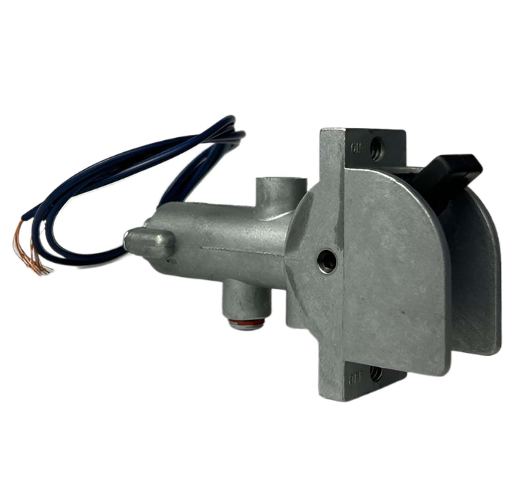 The side view of a pneumatic on off switch showing a black switch in the on position and a microswitch wire connected to the switch