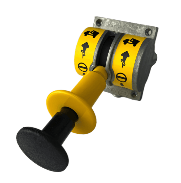 A yellow hoist control valve 1202 99 01 in the hold position on a white background