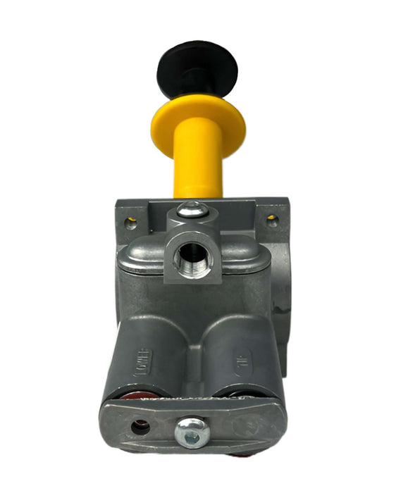 The rear view of 1202 99 01 showing the the metal body with the connection port found on the hoist control valve