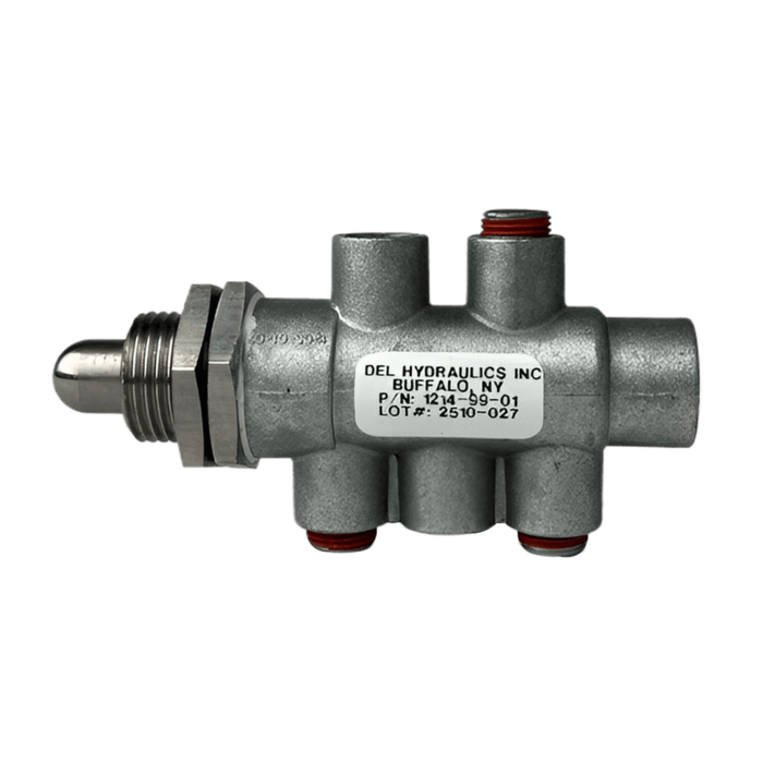 A silver hydraulic cylinder stroke limiter valve part number 1214 99 01 on a white background