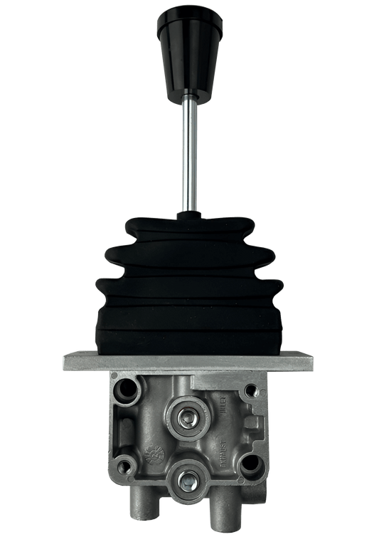 A straight handle pneumatic control valve part#1221-99-01 with a straight handle, control handle, boot, and connecting ports on a white background