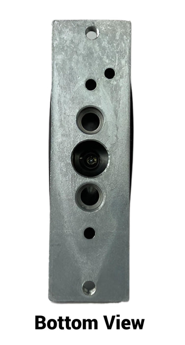A bottom view of 1229-9S-32 showing the 2 mounting holes and air connections