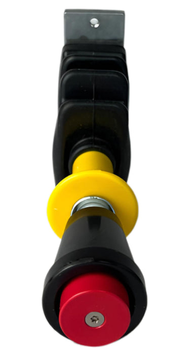 A top view of a pneumatic control valve 1229-9S-32 showing a red button followed by a yellow pull out lever encased in a black boot on a white background