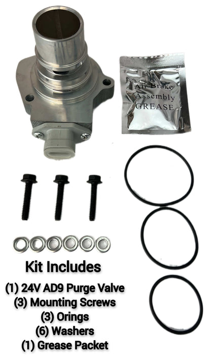 A diagram showing an AD9 24V air dryer purge valve kit showing its components including 1 24V AD9 Purge Valve, 3 Screws, 3 Orings, 6 Washers, and 1 Grease Packet