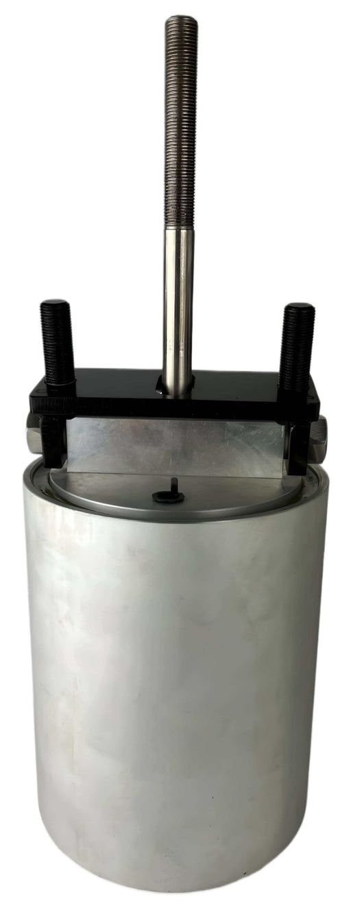 A 3" Metal Tailgate Cylinder with a black bracket with 2 threads and a singular metalic rod sticking out the top
