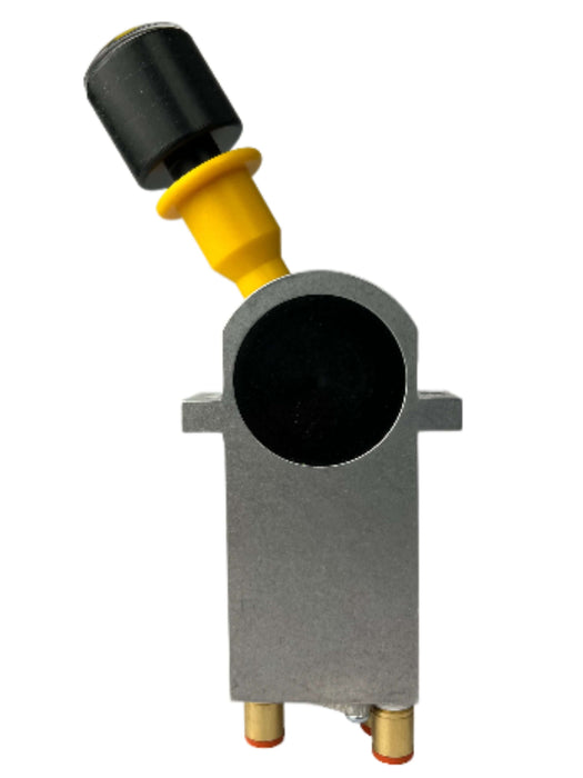 The side view of a narrow hoist control valve showing the control handle, the valve body, and the connection ports