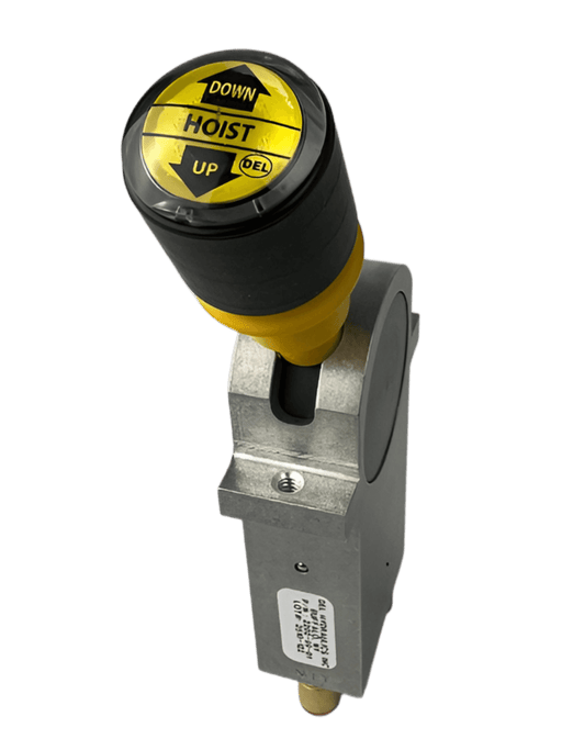 A top view of a hoist control valve 2202 99 01 marked "del Down, Hoist, Up"