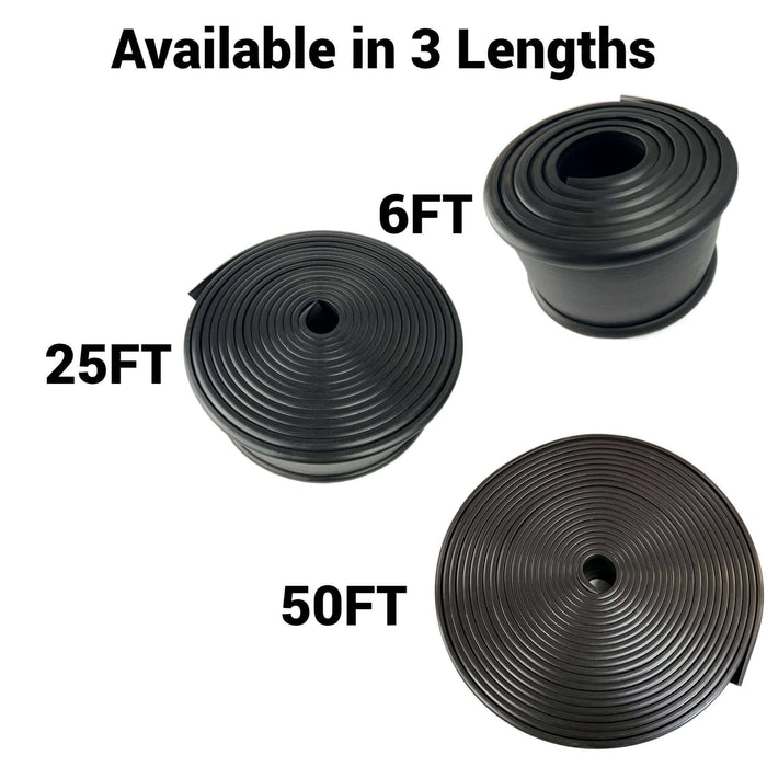 A diagram showing the 3 available sizes of 4" Fuel tank strap isolator 6FT, 25FT, 50FT Lengths