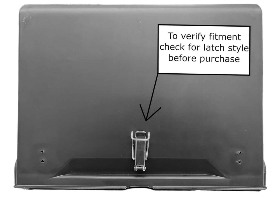 The front view of a freightliner m2 battery box cover with a diagram pointing at the flip down latch saying "To verify fitment check for latch style before purchase"