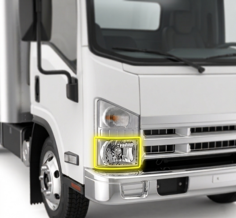 A isuzu NPR with the Automann 564.56017 headlight highlighted in yellow 