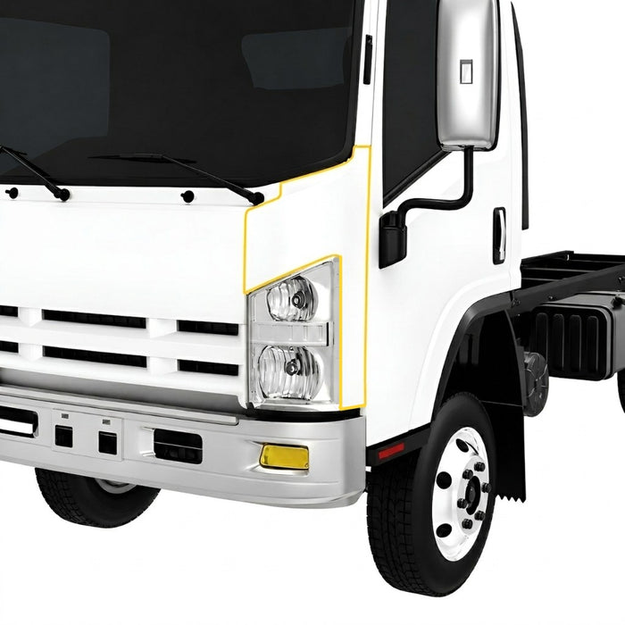 A front view of a old style isuzu NPR showing highlighted in yellow the front left hand corner panel that sits near the headlight